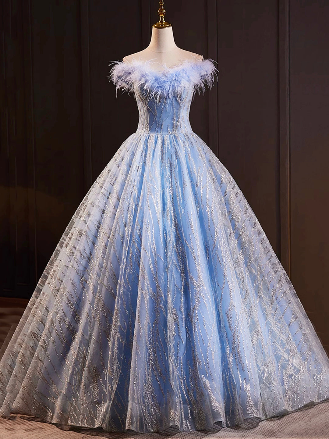 A Line Sequins Blue Tulle Long Prom Dresses Evening Dresses with Feather DP1099