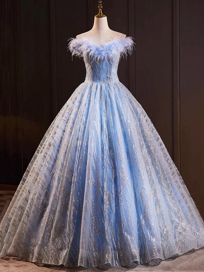 A Line Sequins Blue Tulle Long Prom Dresses Evening Dresses with Feather DP1099