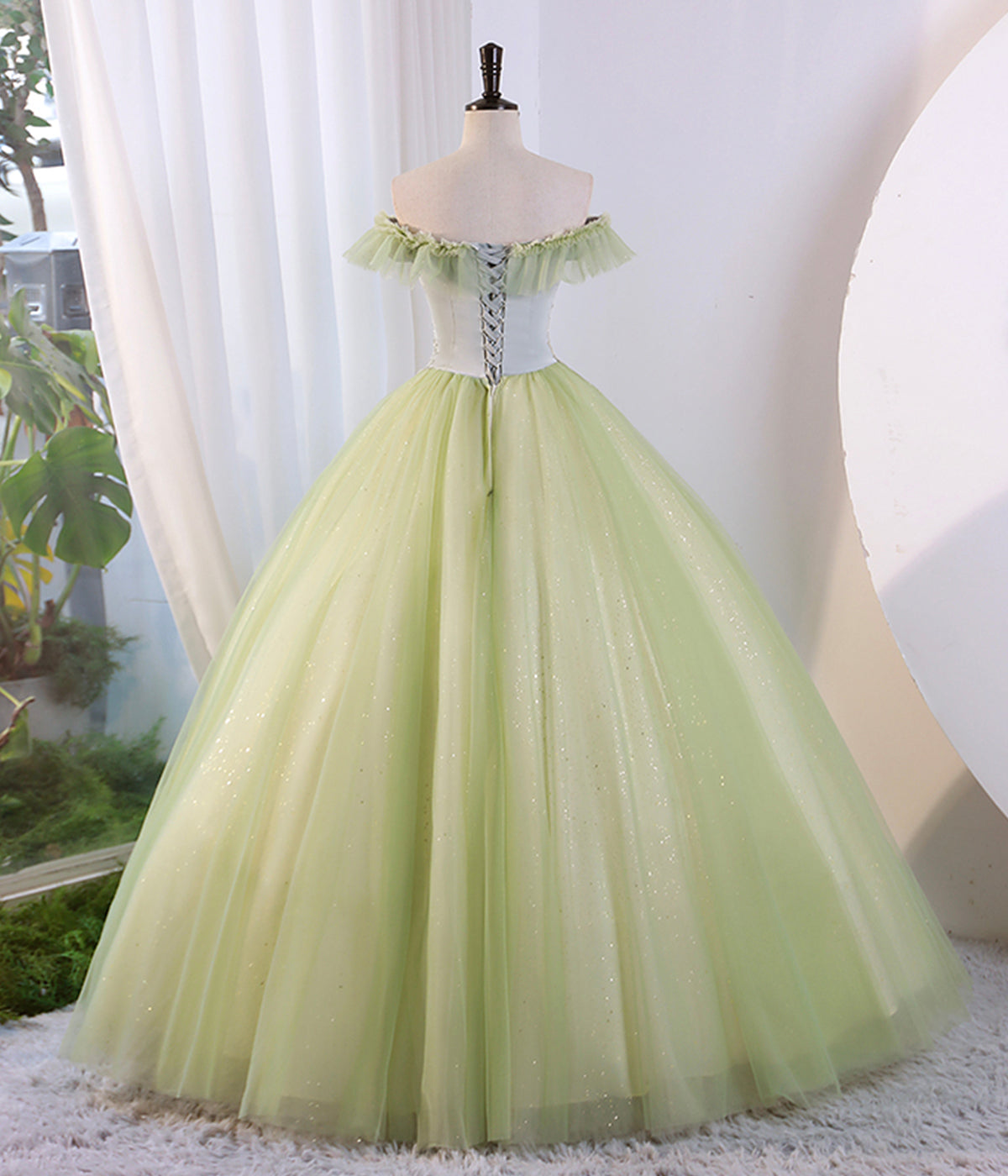 Off Shoulder Green Tulle Floor Length Prom Dress Evening Party Dress DP1071