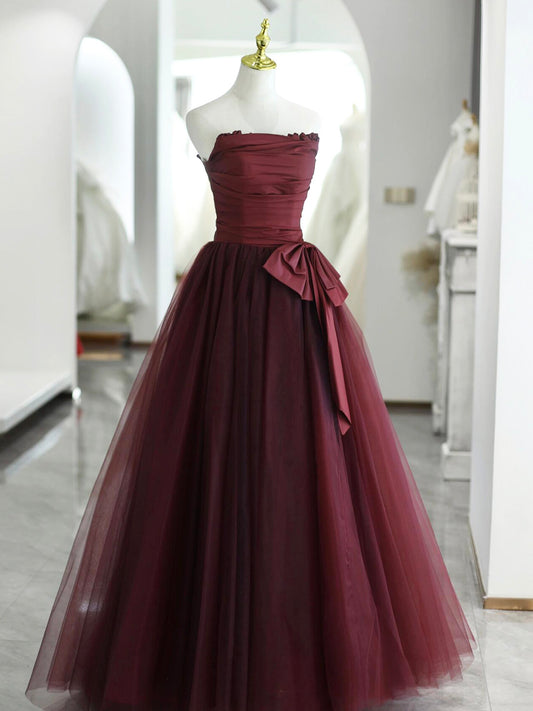 Burgundy Strapless Fold Bow Satin Tulle Floor Length Prom Dress DP951