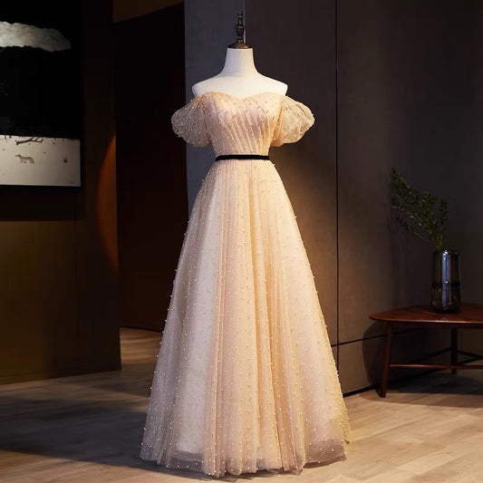 Champagne A-line Pearl Tulle Long Prom Dress Evening Dress DP964
