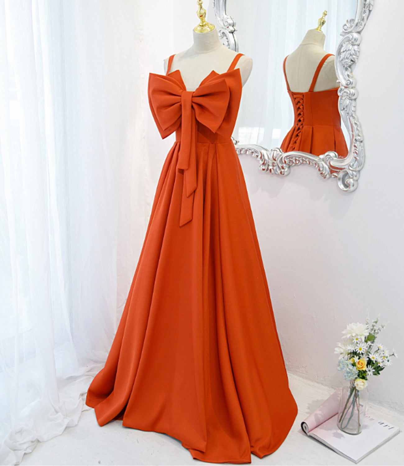 Cute A Line Spaghetti Strap Bow Satin Long Prom Dress Evening Dress DP1175