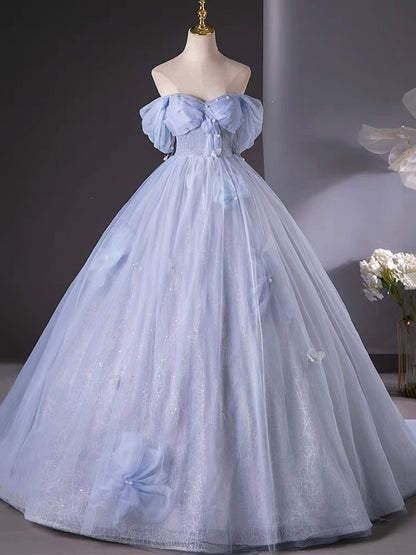 A Line Off the Shoulder Blue Tulle Floor Length Prom Dress Ball Gown DP1092