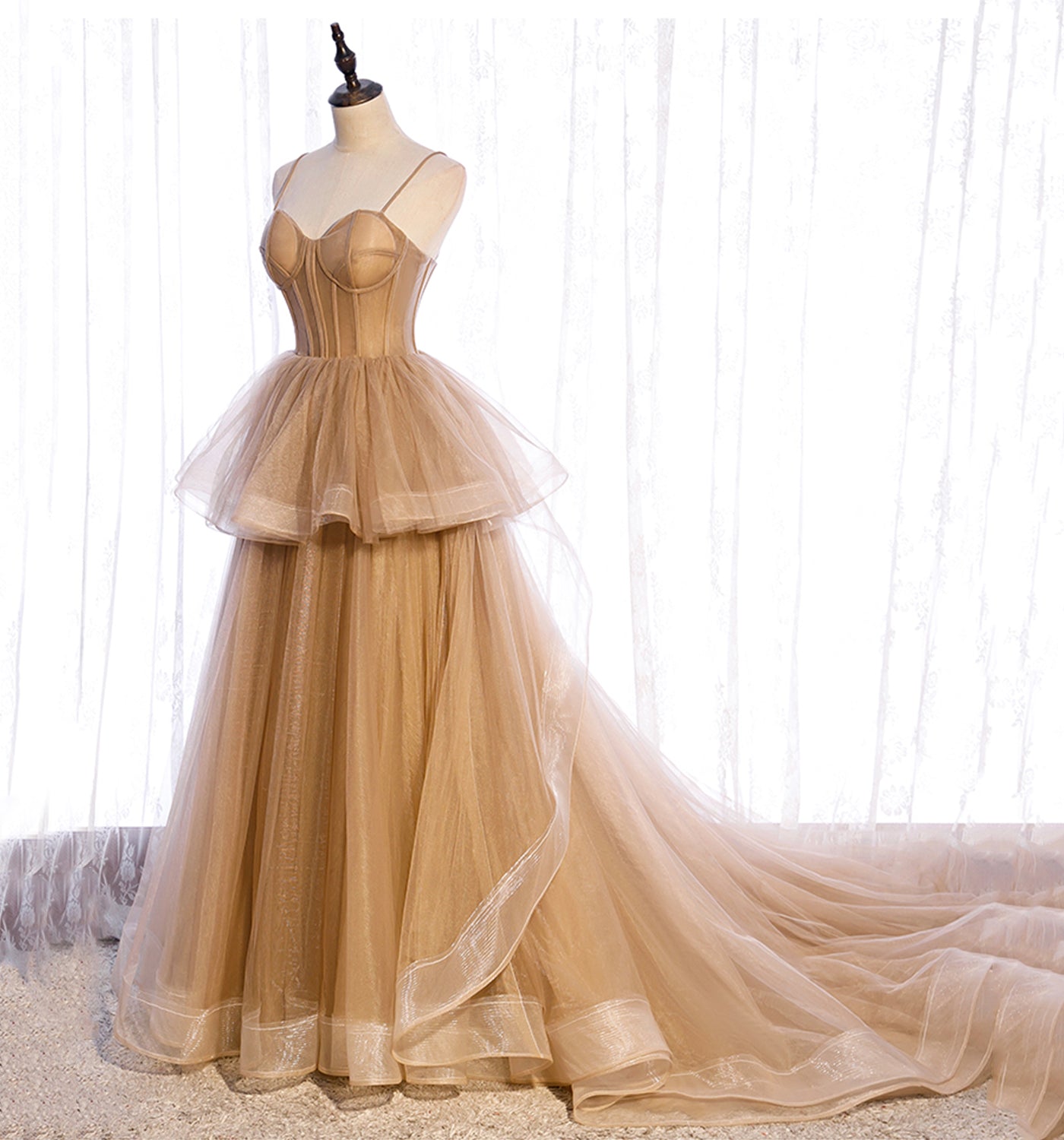 A Line Spaghetti Strap Tulle Prom Dress Evening Dress Seep Train DP1096
