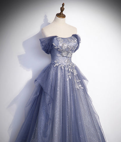 A Line Off the Shoulder Appliques Blue Tulle Lace Long Prom Dress Evening Party Dress DP1223