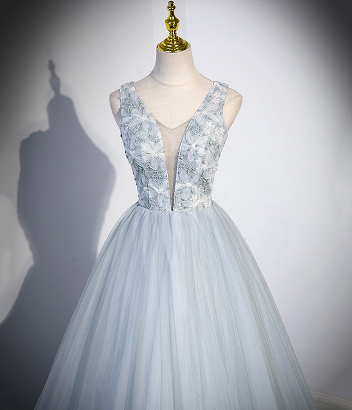 Light Blue A Line V Neck Floral Tulle Prom Dress Evening Dress DP1105