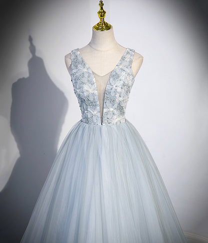 Light Blue A Line V Neck Floral Tulle Prom Dress Evening Dress DP1105