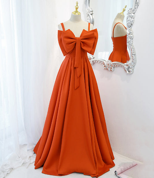 Cute A Line Spaghetti Strap Bow Satin Long Prom Dress Evening Dress DP1175