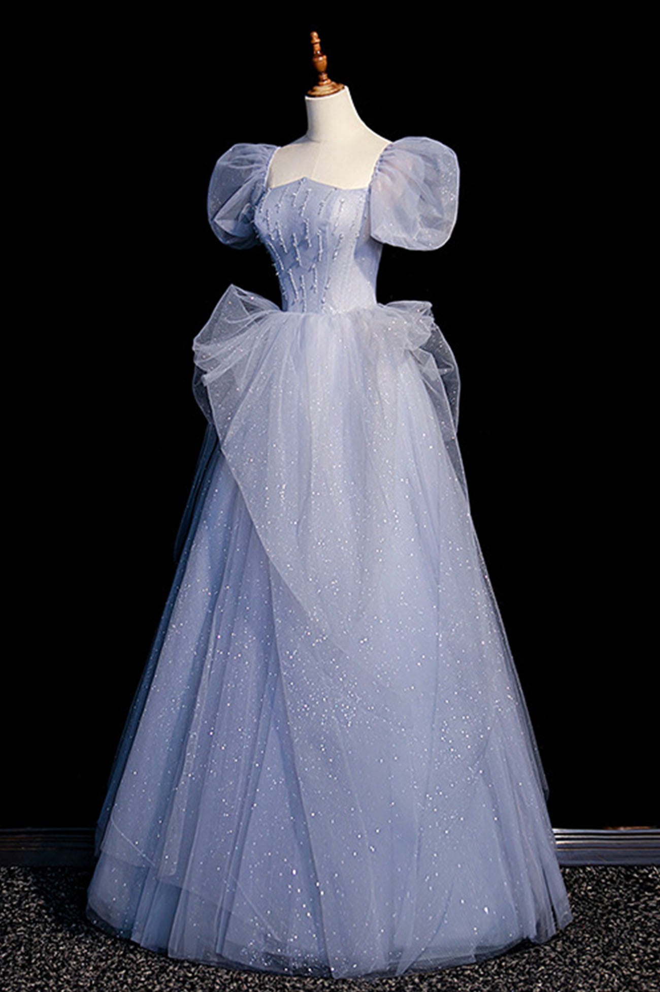 Blue A Line Off the Shoulder Beads Tulle Prom Dress Evening Dress DP1263