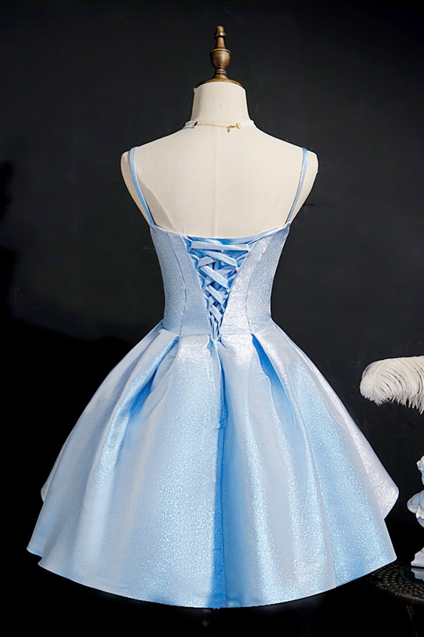Sparkle A Line Spaghetti Strap Blue Satin Short Homecoming Dress DP997