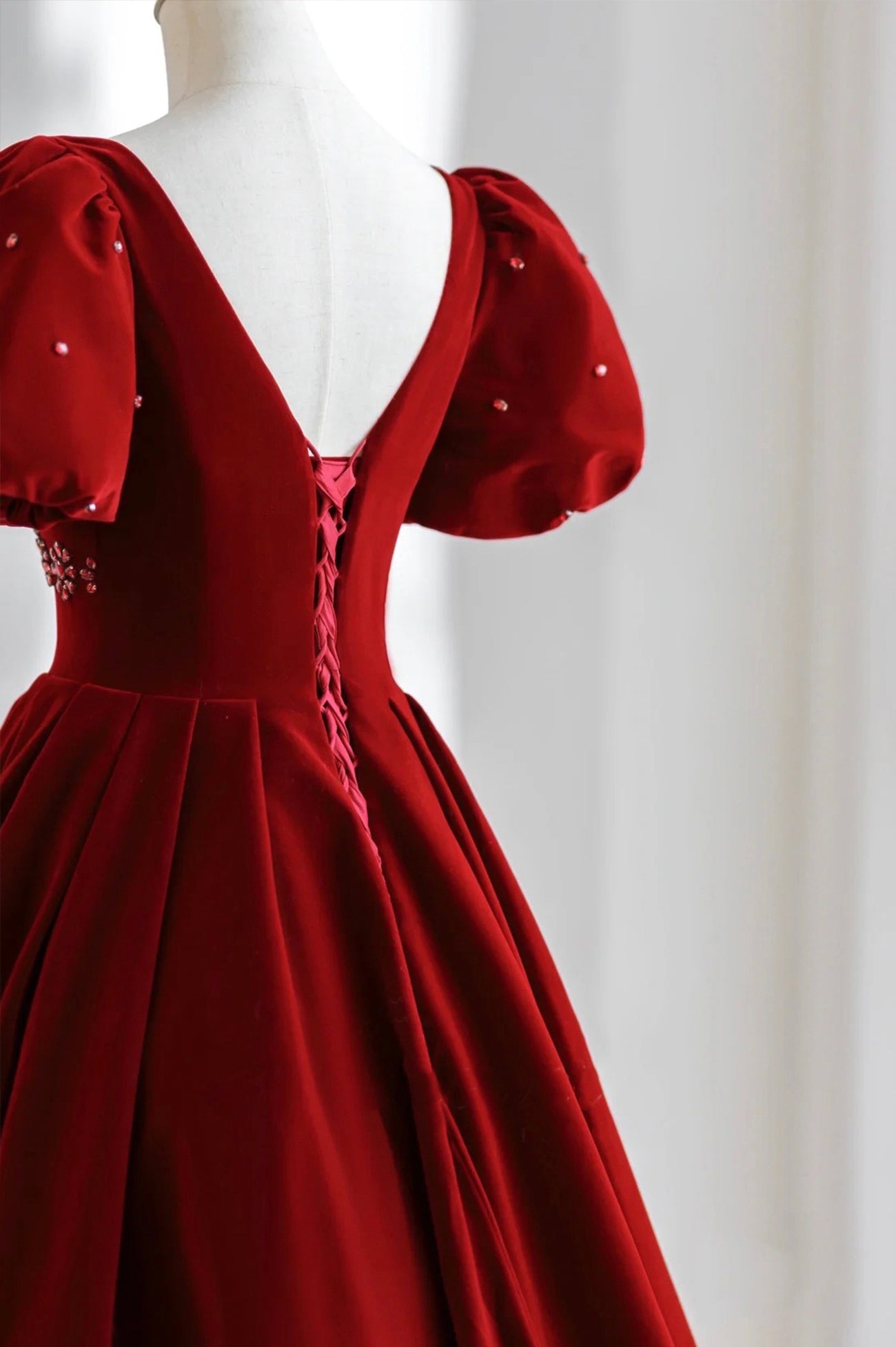 Burgundy A Line Puff Sleeves Velvet Long Prom Dress Evening Dress DP904