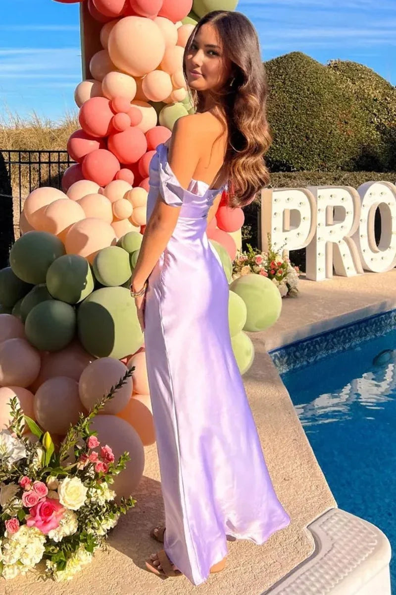 Lilac Simple Sheath Off the Shoulder Satin Evening Dress Prom Dress DP7637