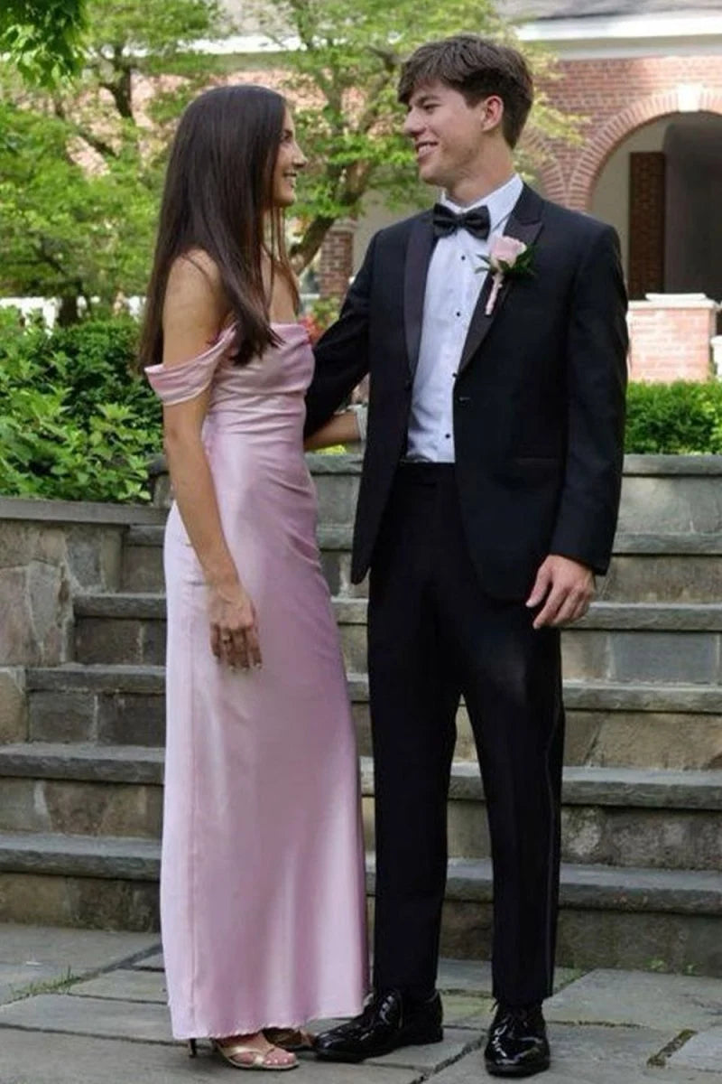 Pink Simple Sheath Off the Shoulder Satin Evening Dress Prom Dress DP7639
