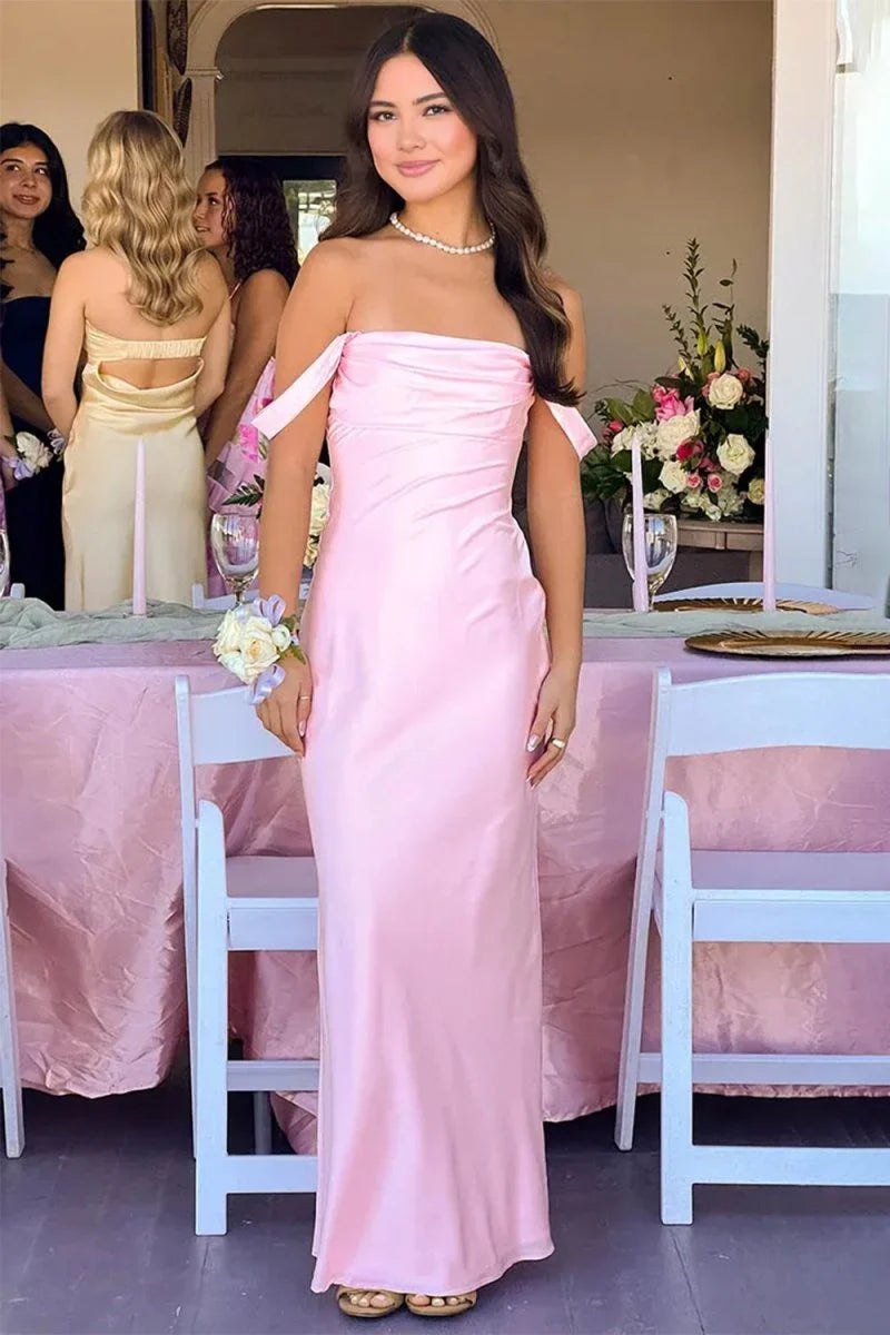 Pink Simple Sheath Off the Shoulder Satin Evening Dress Prom Dress DP7639