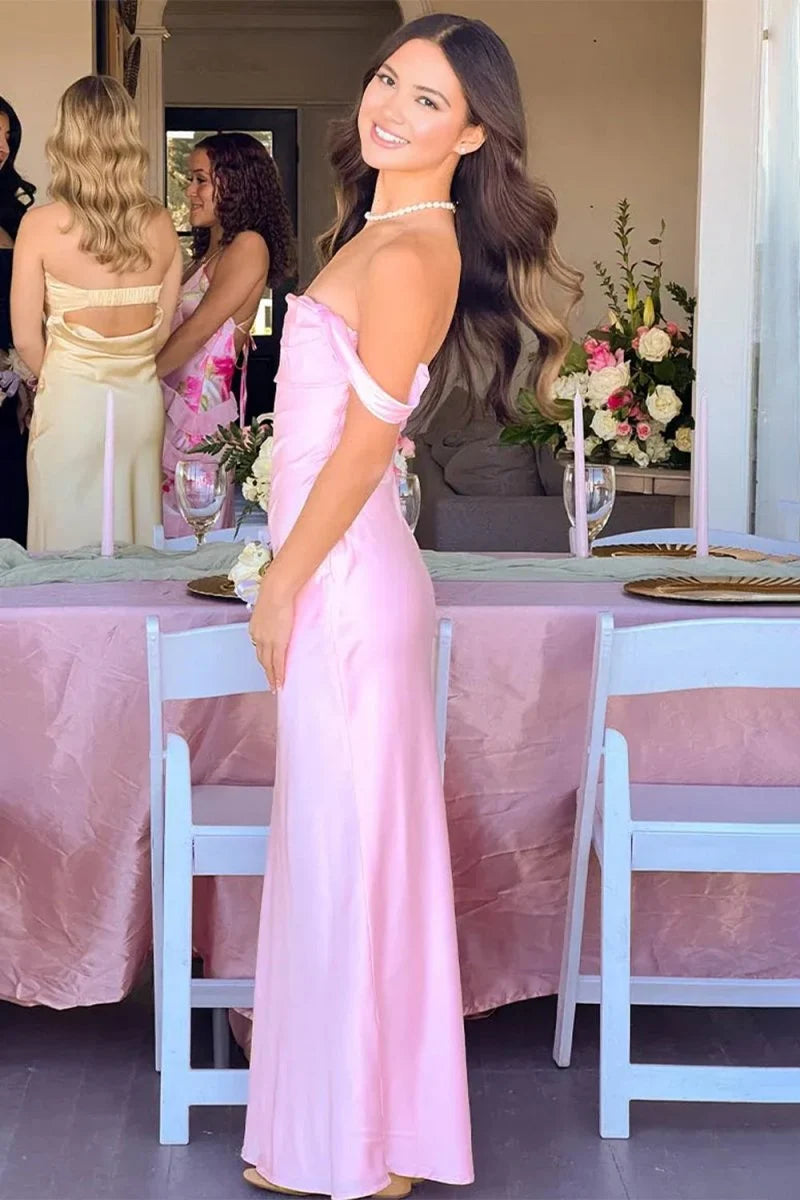 Pink Simple Sheath Off the Shoulder Satin Evening Dress Prom Dress DP7639