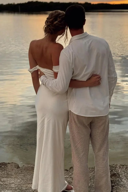 White Simple Sheath Off the Shoulder Satin Evening Dress Prom Dress DP7636