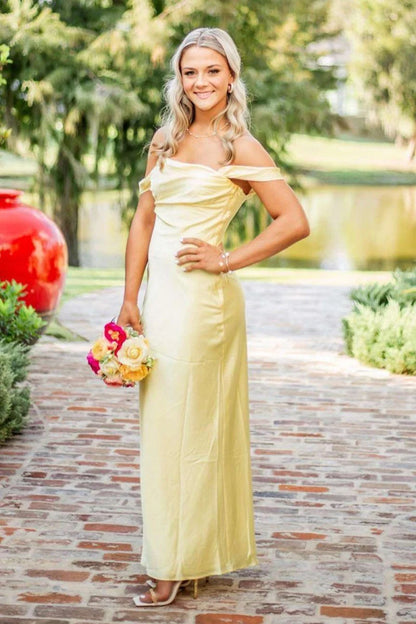 Yellow Simple Sheath Off the Shoulder Satin Evening Dress Prom Dress DP7638