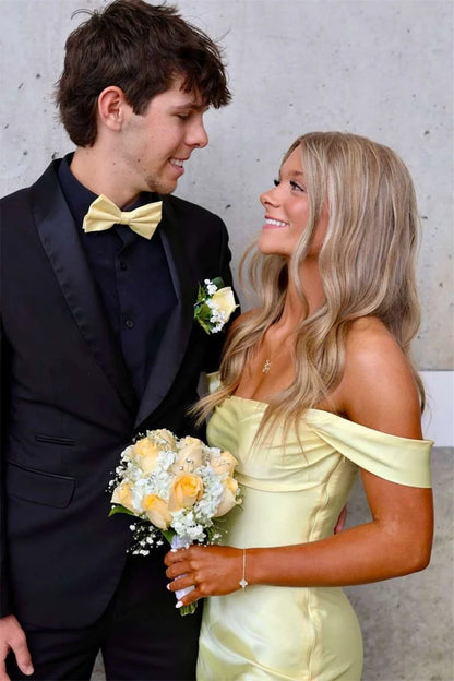 Yellow Simple Sheath Off the Shoulder Satin Evening Dress Prom Dress DP7638