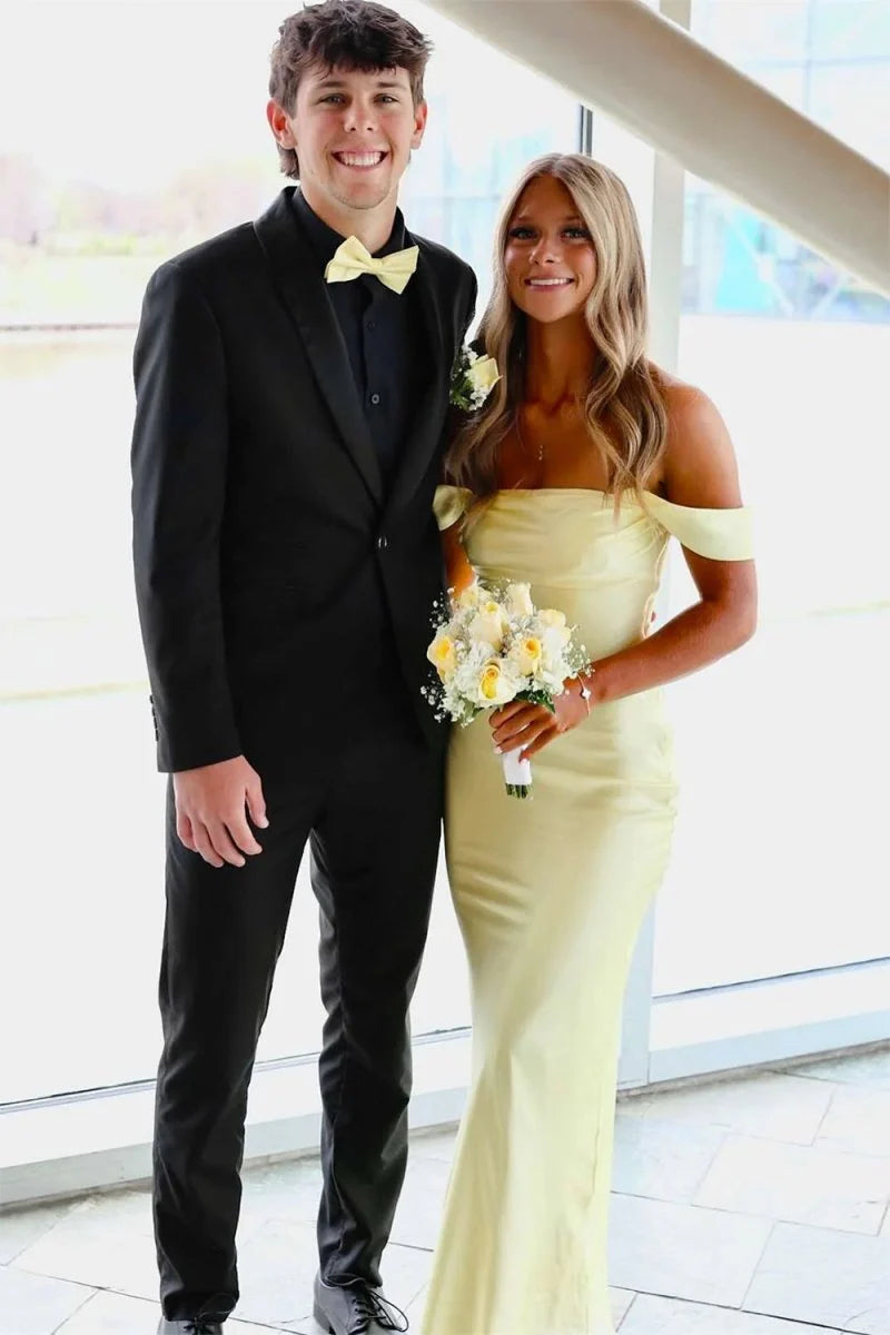Yellow Simple Sheath Off the Shoulder Satin Evening Dress Prom Dress DP7638