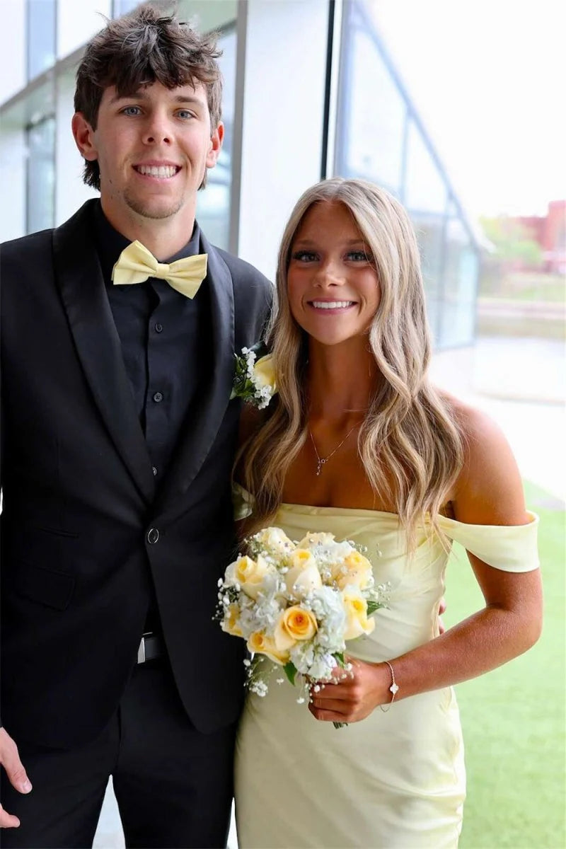 Yellow Simple Sheath Off the Shoulder Satin Evening Dress Prom Dress DP7638