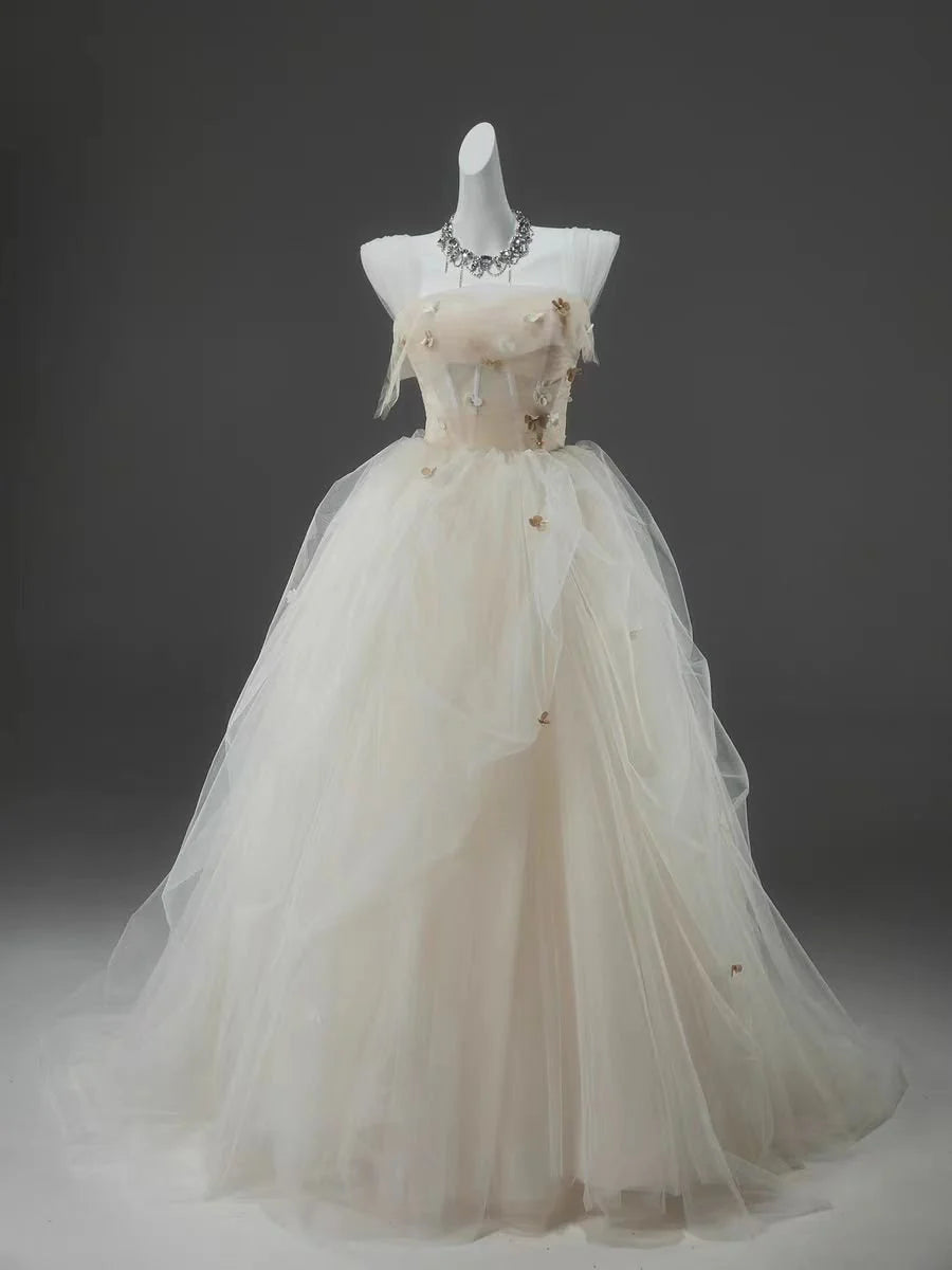 Champagne A Line Straps Flower Corset Tulle Long Prom Dress Evening Dress DP1390