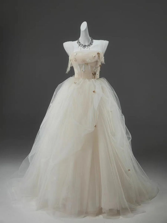 Champagne A Line Straps Flower Corset Tulle Long Prom Dress Evening Dress DP1390