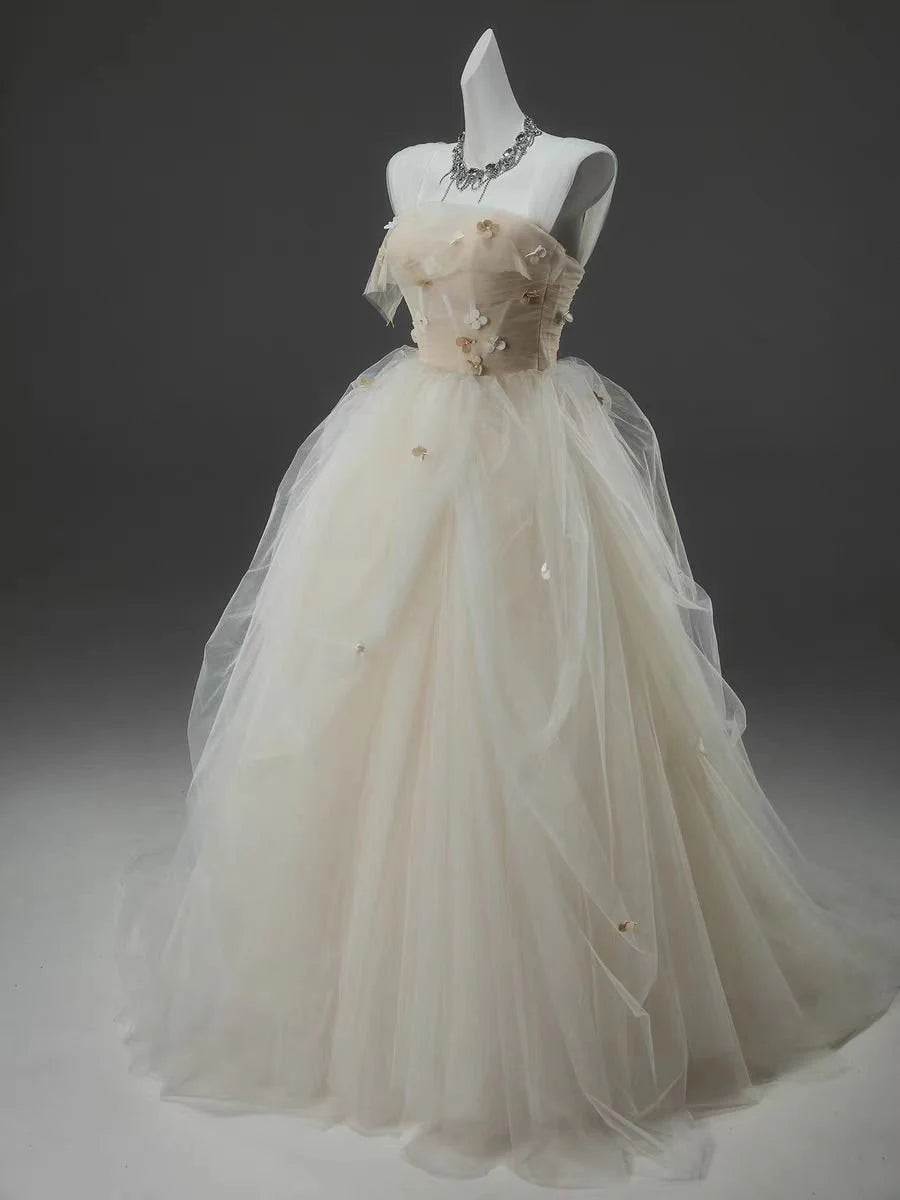 Champagne A Line Straps Flower Corset Tulle Long Prom Dress Evening Dress DP1390