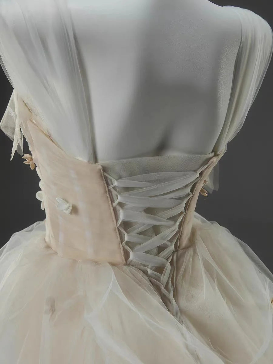 Champagne A Line Straps Flower Corset Tulle Long Prom Dress Evening Dress DP1390