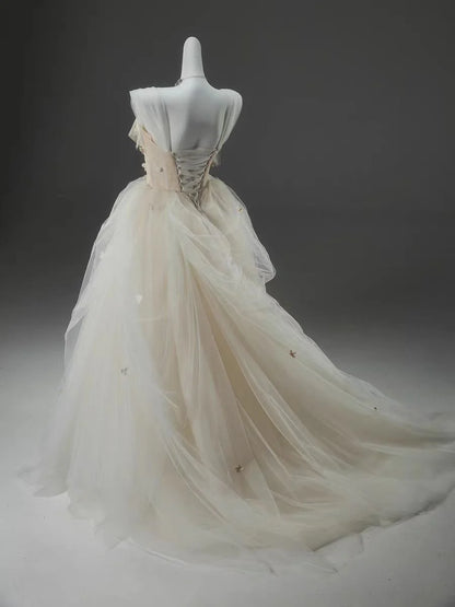 Champagne A Line Straps Flower Corset Tulle Long Prom Dress Evening Dress DP1390