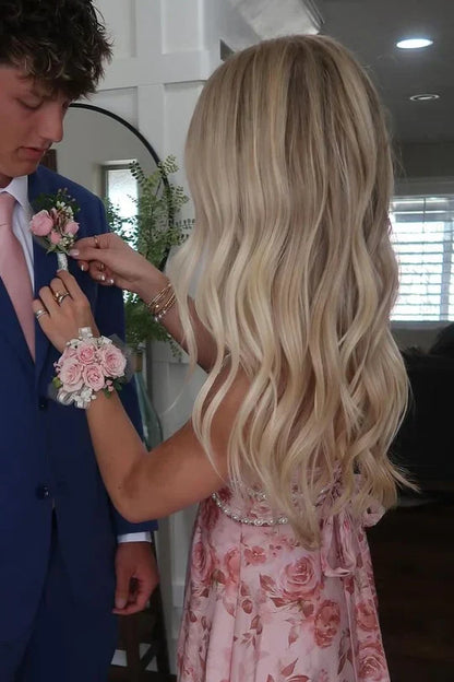 Pink A Line Halter Print Floral Satin Evening Dress Prom Dress DP7640