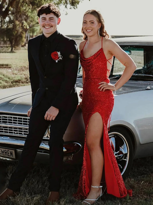 Red Mermaid Halter Sequins Backless Prom Dress Evening Dress with Slit DP1203