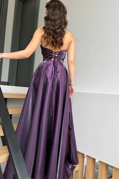 Glamorous Purple Strapless Sleeveless A-Line Prom Dresses Long Lace-Up Back With Pleats DP5961
