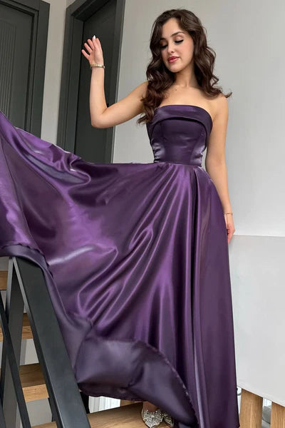Glamorous Purple Strapless Sleeveless A-Line Prom Dresses Long Lace-Up Back With Pleats DP5961