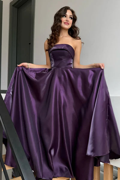 Glamorous Purple Strapless Sleeveless A-Line Prom Dresses Long Lace-Up Back With Pleats DP5961