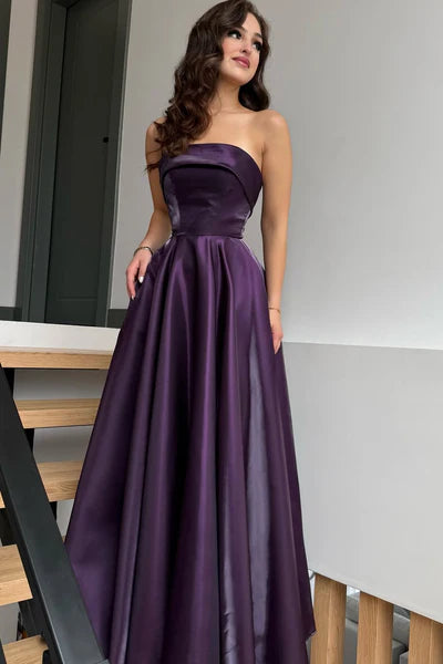 Glamorous Purple Strapless Sleeveless A-Line Prom Dresses Long Lace-Up Back With Pleats DP5961