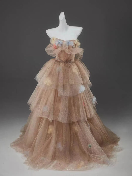 Luxurious A Line Strapless 3D Flower Layered Sequins Tulle Ball Gown Prom Dress DP1365