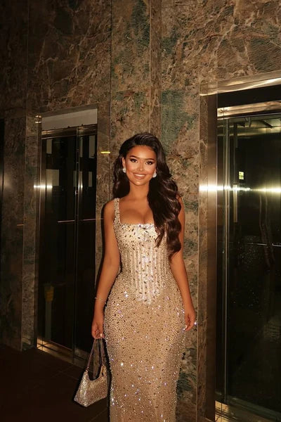 Glowing Champagne Square Mermaid Straps Prom Dresses Sequins Sleeveless With Beads DP5951