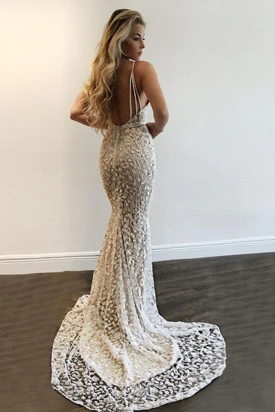 Gorgeous V-Neck Prom Party Gowns| Lace Mermaid Evening Gowns DP5956