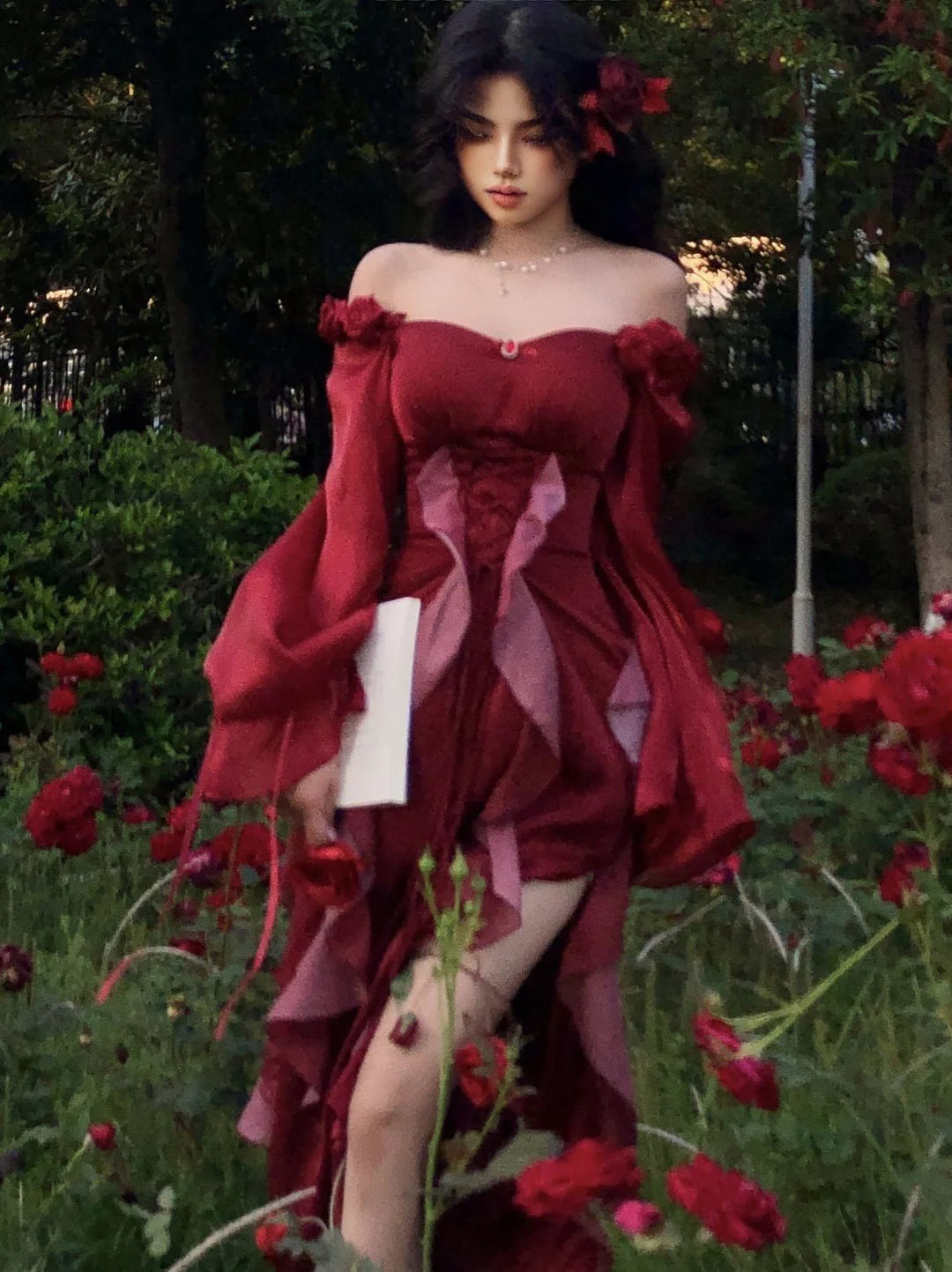 Sexy Burgundy A Line Long Sleeve Ruffle Satin Prom Dress DP4161