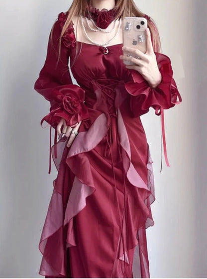Sexy Burgundy A Line Long Sleeve Ruffle Satin Prom Dress DP4161