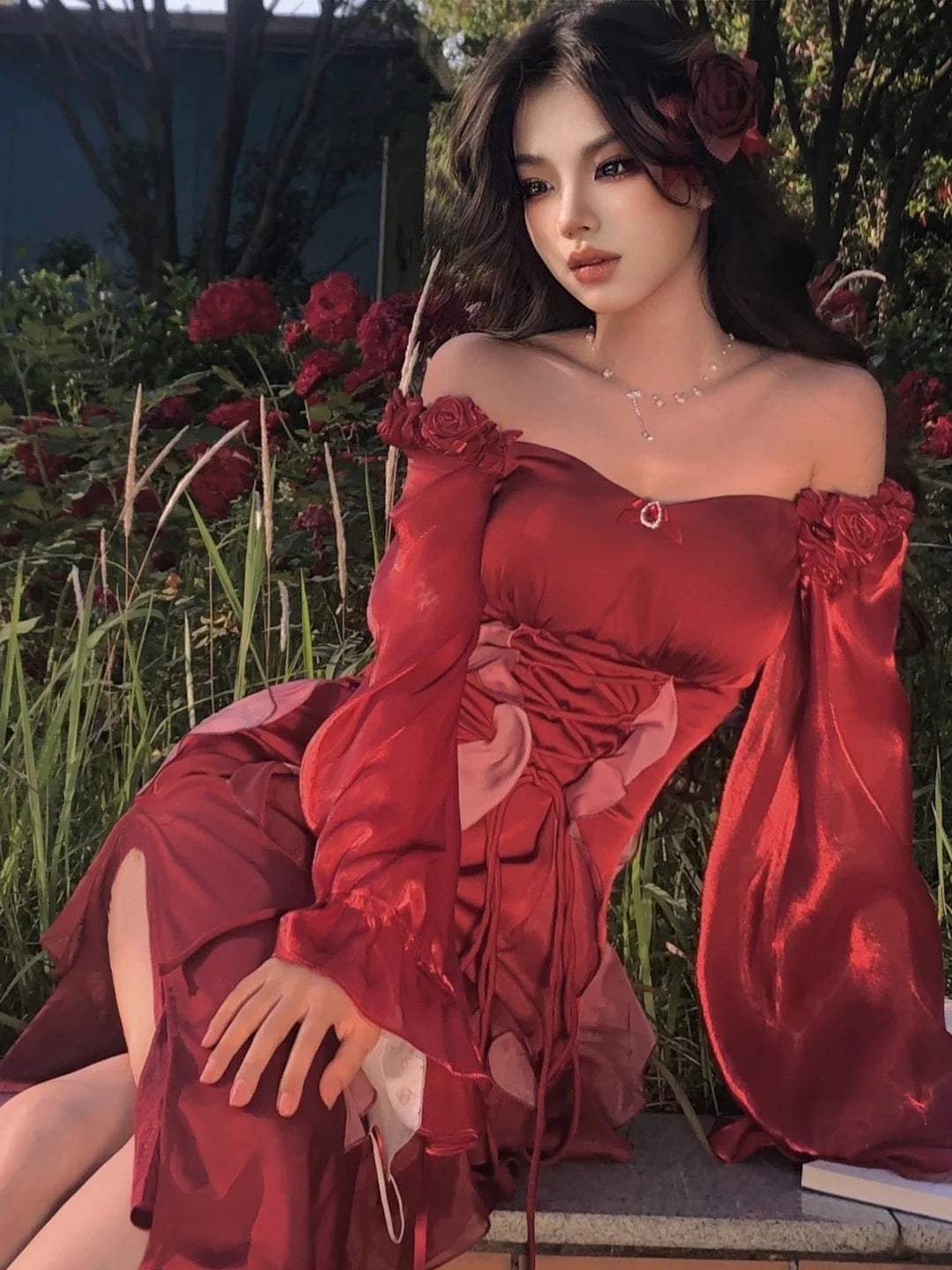 Sexy Burgundy A Line Long Sleeve Ruffle Satin Prom Dress DP4161