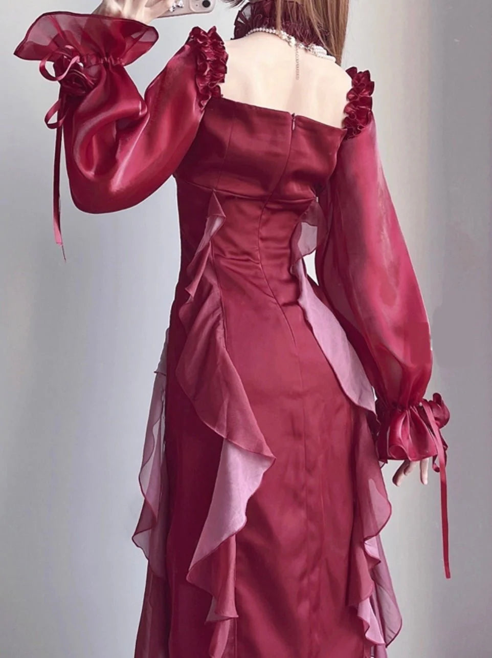Sexy Burgundy A Line Long Sleeve Ruffle Satin Prom Dress DP4161