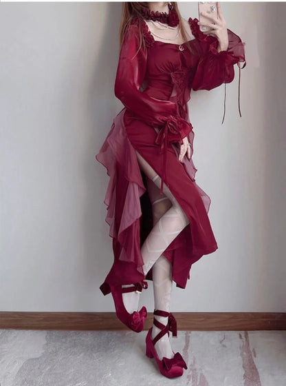 Sexy Burgundy A Line Long Sleeve Ruffle Satin Prom Dress DP4161