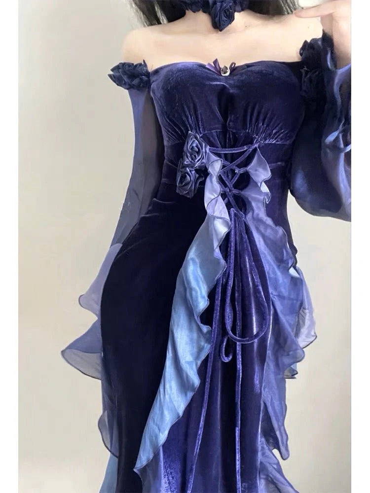 Sexy Dark Purple A Line Long Sleeve Ruffle Velvet Prom Dress DP4163