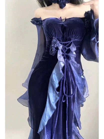 Sexy Dark Purple A Line Long Sleeve Ruffle Velvet Prom Dress DP4163