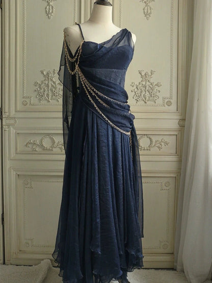 Stunning Navy Blue A Line Spaghetti Strap Beaded Chiffon Prom Dress DP4164