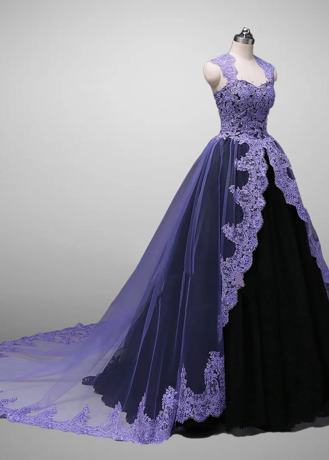 Gorgeous Ball Gown Strap Purple Lace Black Tulle Long Sweep Prom Dress Evening Dress DP1676