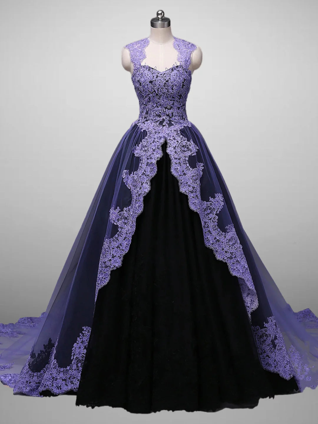Gorgeous Ball Gown Strap Purple Lace Black Tulle Long Sweep Prom Dress Evening Dress DP1676