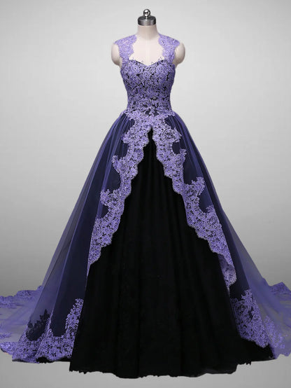 Gorgeous Ball Gown Strap Purple Lace Black Tulle Long Sweep Prom Dress Evening Dress DP1676