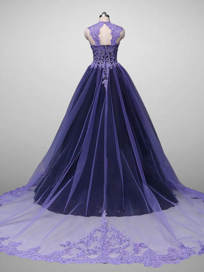 Gorgeous Ball Gown Strap Purple Lace Black Tulle Long Sweep Prom Dress Evening Dress DP1676